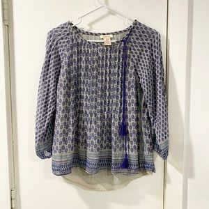 Sundance catalog silk blouse block print boho top XS pin tuck flowy shirt